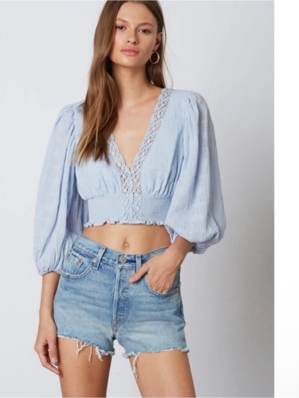 the clothing company Lavender Lace-Detail Smocked Crop Top
